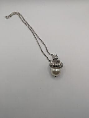 Silver Pearl Acorn Pendant Necklace - White Pearl